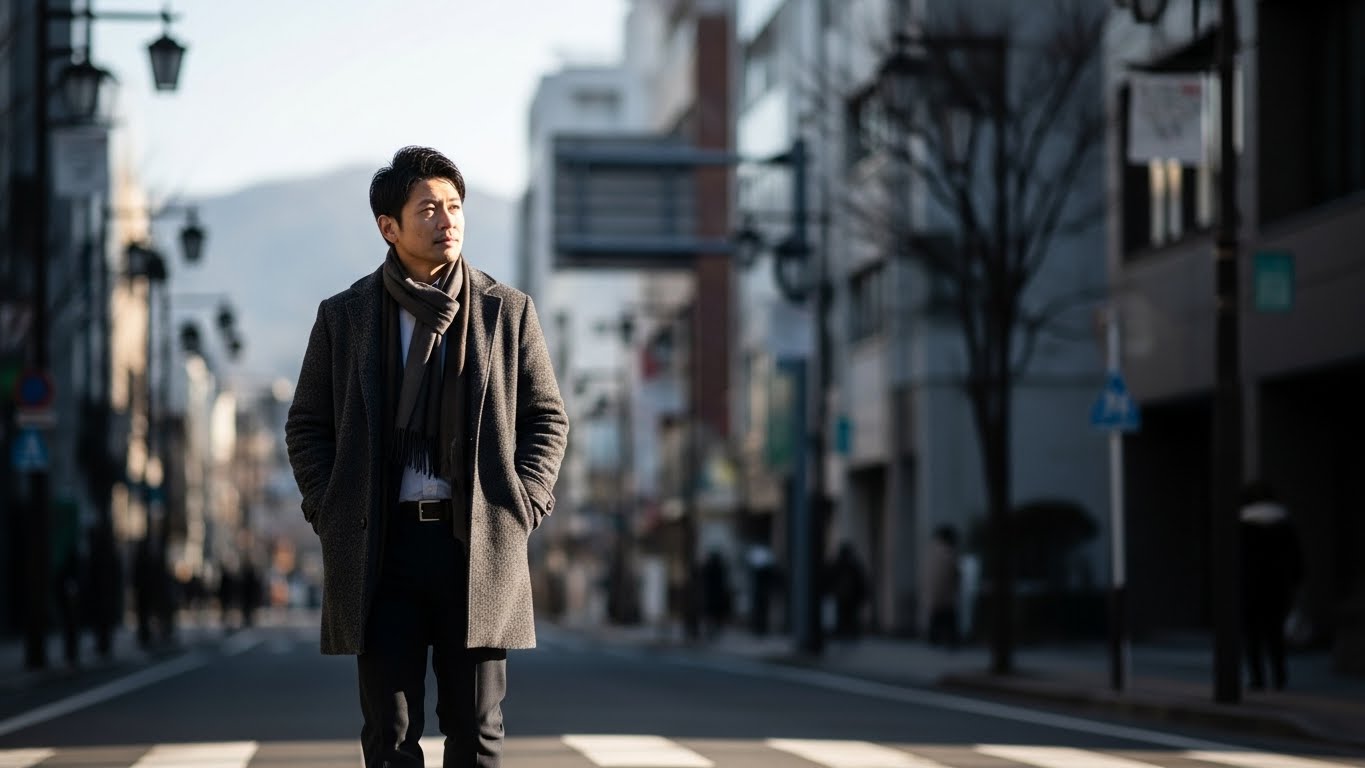 年内・年明けの転職を考えながら朝の街を歩く日本人のイメージ