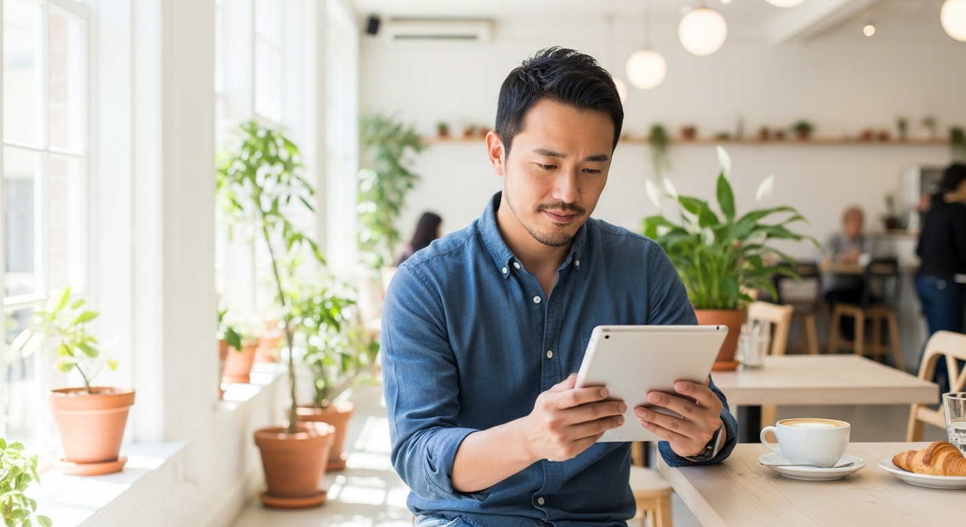 タブレットで求人票を見ながら、少し考え込む誠実そうな日本人の男性。