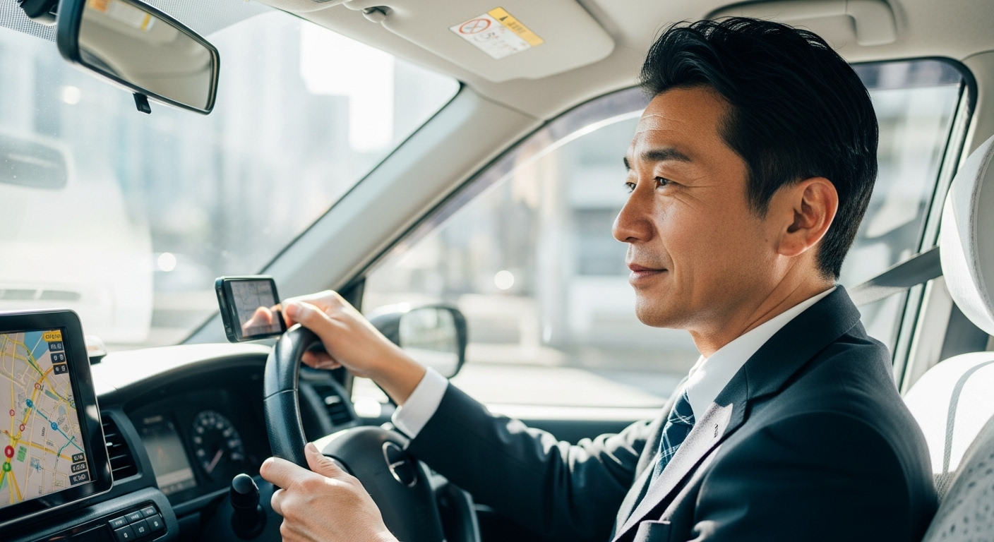 休憩中に地図や運行ルートを確認し、スマートに働く日本人のベテランドライバー。