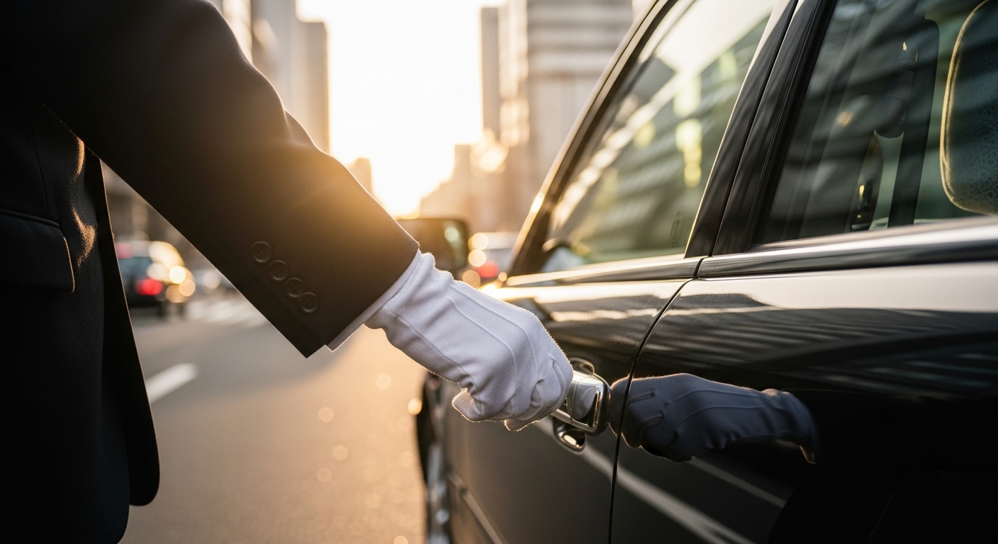 晴れやかな表情で、タクシーのドアを開けようとする日本人の新人ドライバー。