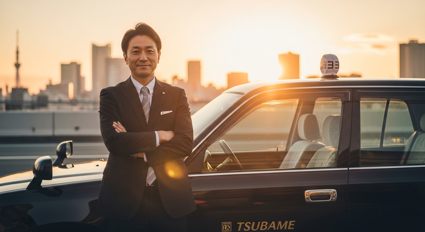 夕暮れの街で黒いタクシーの横に立つドライバー。未経験から自信を得たつばめ自動車の象徴的な姿を表現。