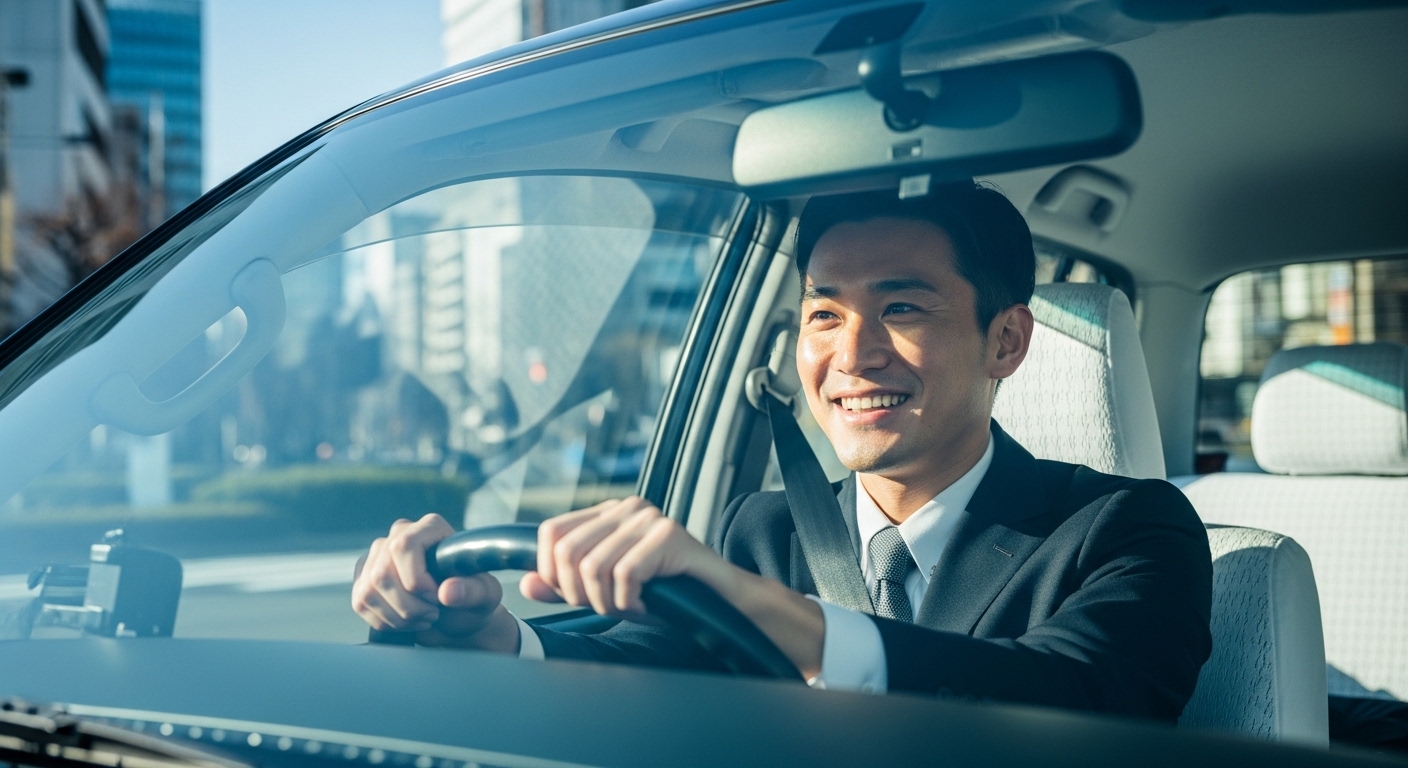 黒いタクシーを運転しながら笑顔を見せる男性ドライバー。未経験から不安を乗り越え成長した姿を表現。