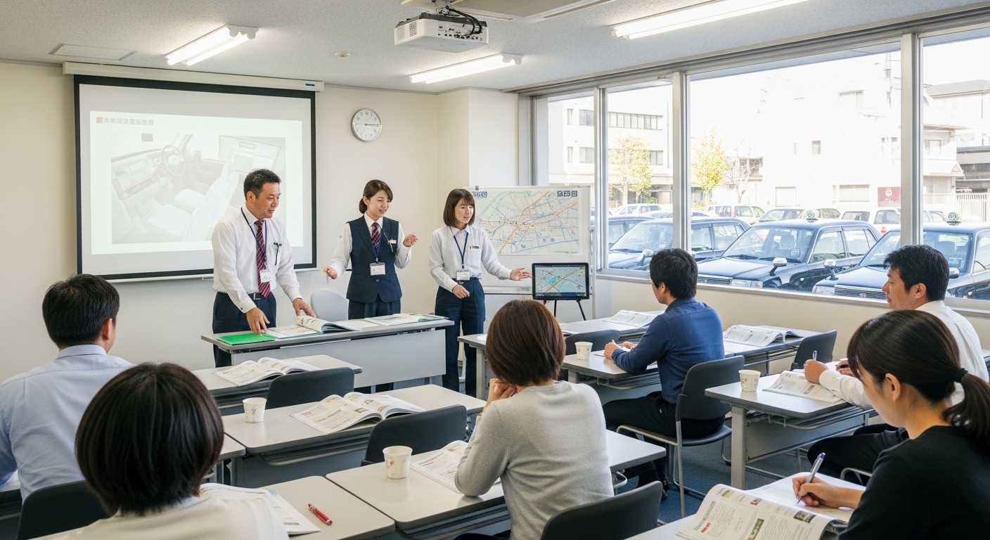 教官が新人ドライバーに地図やマニュアルを使って指導している研修風景。未経験者を支えるつばめタクシーの教育体制。