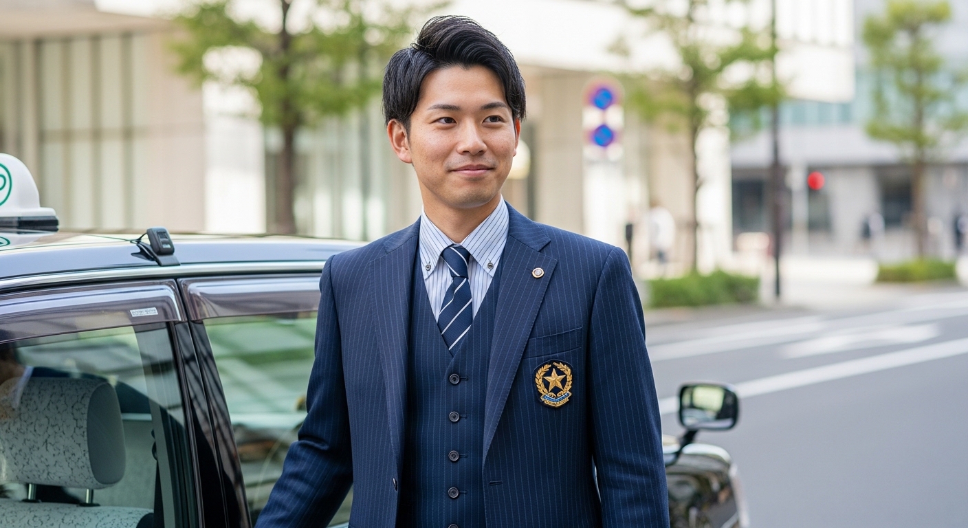 ネイビーのピンストライプ長袖制服を着たつばめタクシーのドライバーが黒い車両の横に立つ姿。未経験者向け求人イメージ。