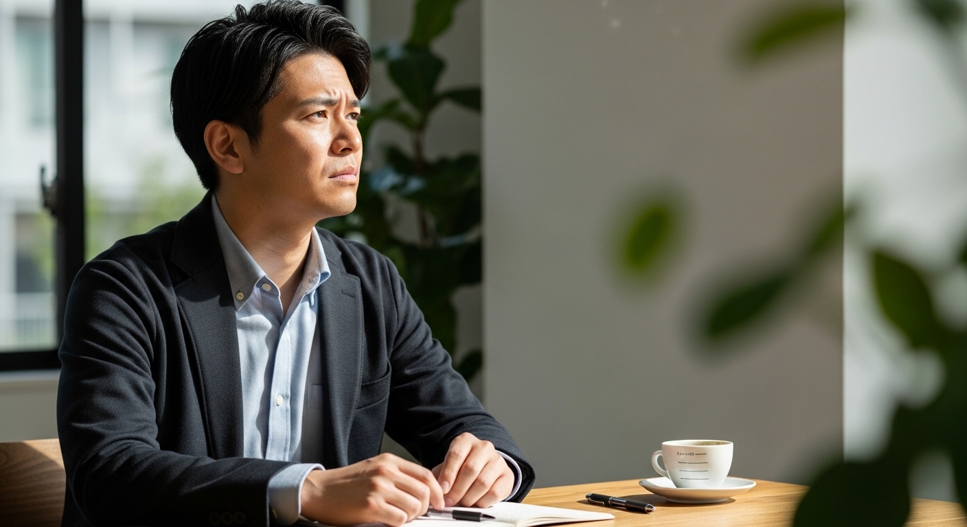 タクシードライバー未経験で転職に不安を感じながら将来を考える30代男性の様子