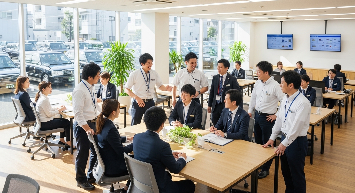 営業所で笑顔で会話するドライバーとスタッフたち。未経験者が安心して長く働けるつばめタクシーの職場環境。