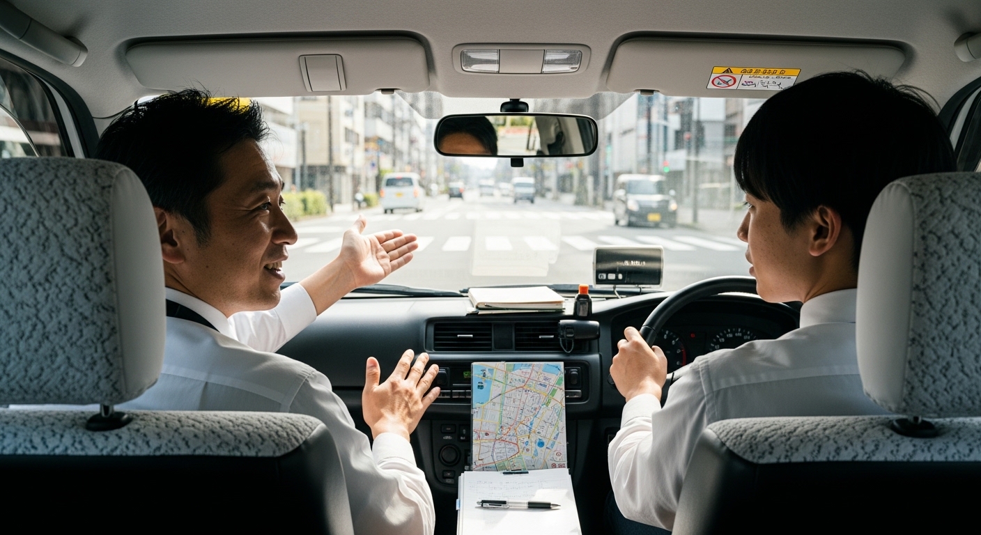 教官とともに黒いタクシーで運転練習を行う新人ドライバー。未経験者が安心して成長する様子を表現。
