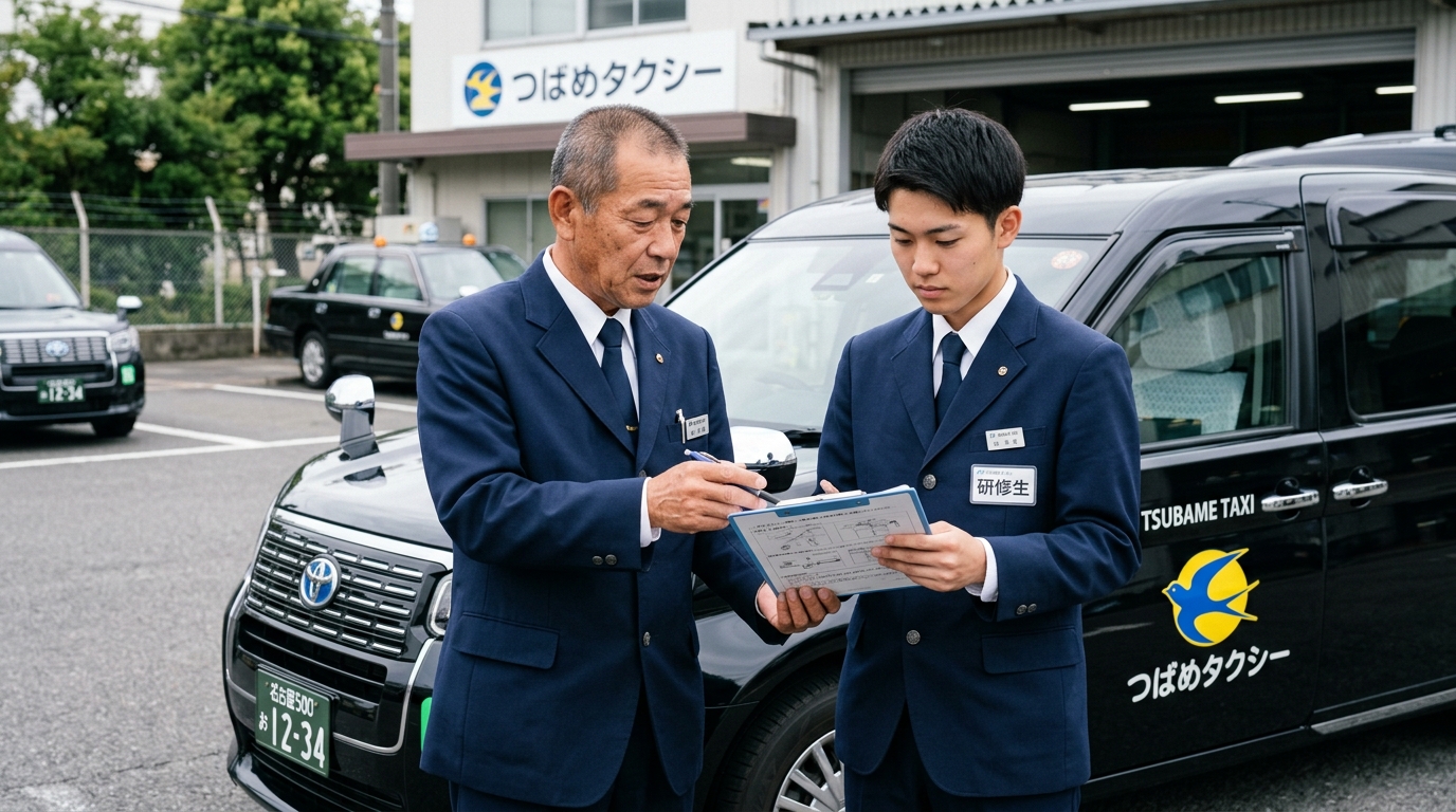 先輩ドライバーが新人ドライバーに仕事を教えている研修風景。未経験から始められるつばめタクシーグループの教育体制。