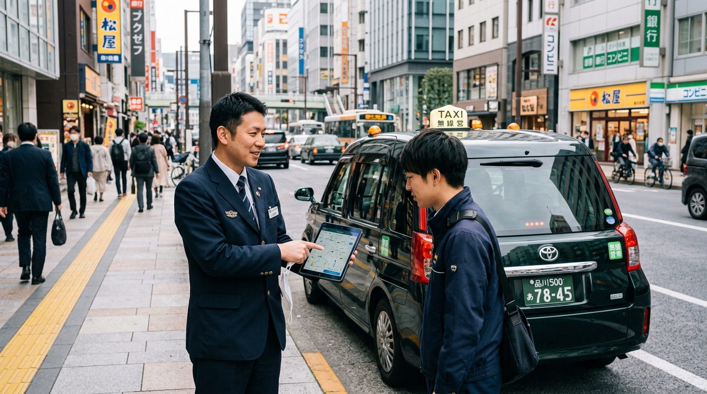 タクシーと警備を兼務する働き方を説明するドライバー