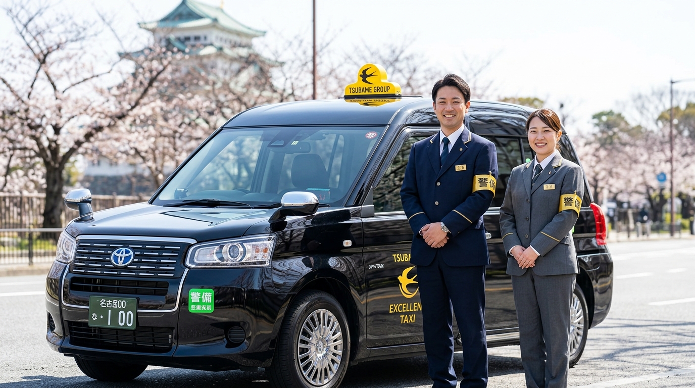 ジャパンタクシーのブラック車両と、地域の安心を守るつばめタクシーの警備兼務ドライバー。