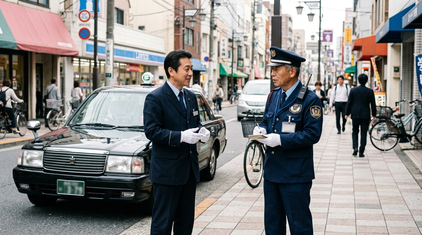 タクシードライバーと警備員が街中で連携している様子。つばめタクシーグループの警備兼務という働き方を表現したイメージ。