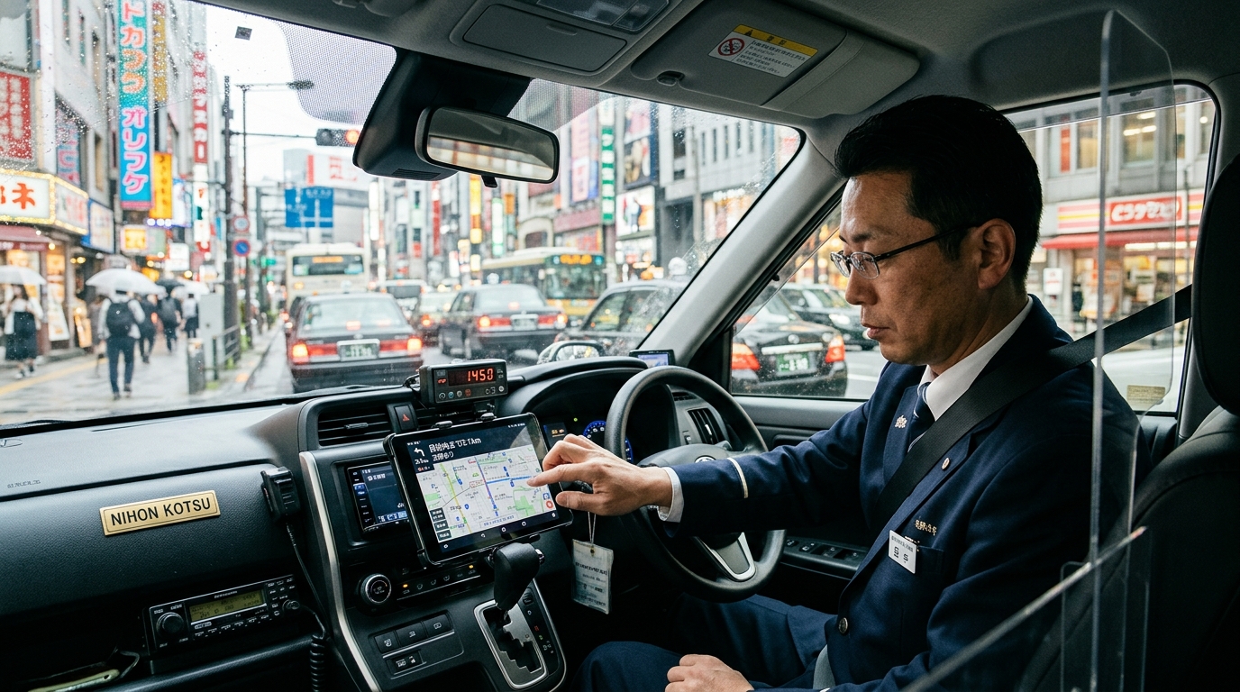 タクシー車内で仕事をしているドライバーの様子。タクシー業務と警備業務を組み合わせた働き方の収入イメージ。