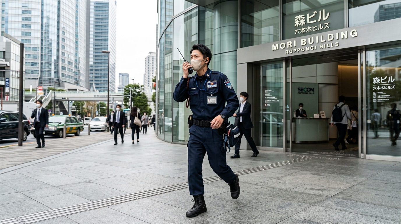 タクシー制服で無線を持ち建物を確認するドライバー