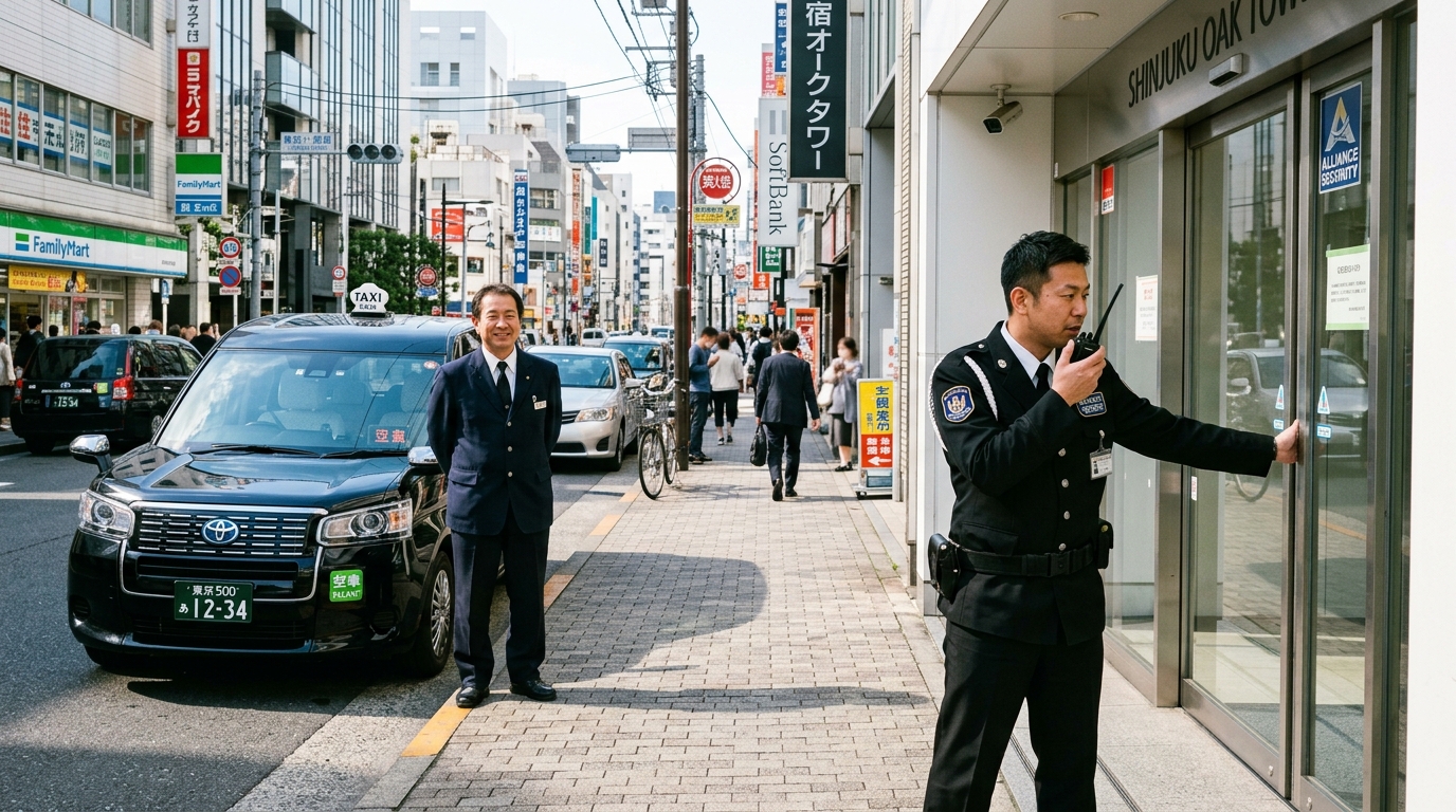 タクシー制服で建物入口を確認するドライバー
