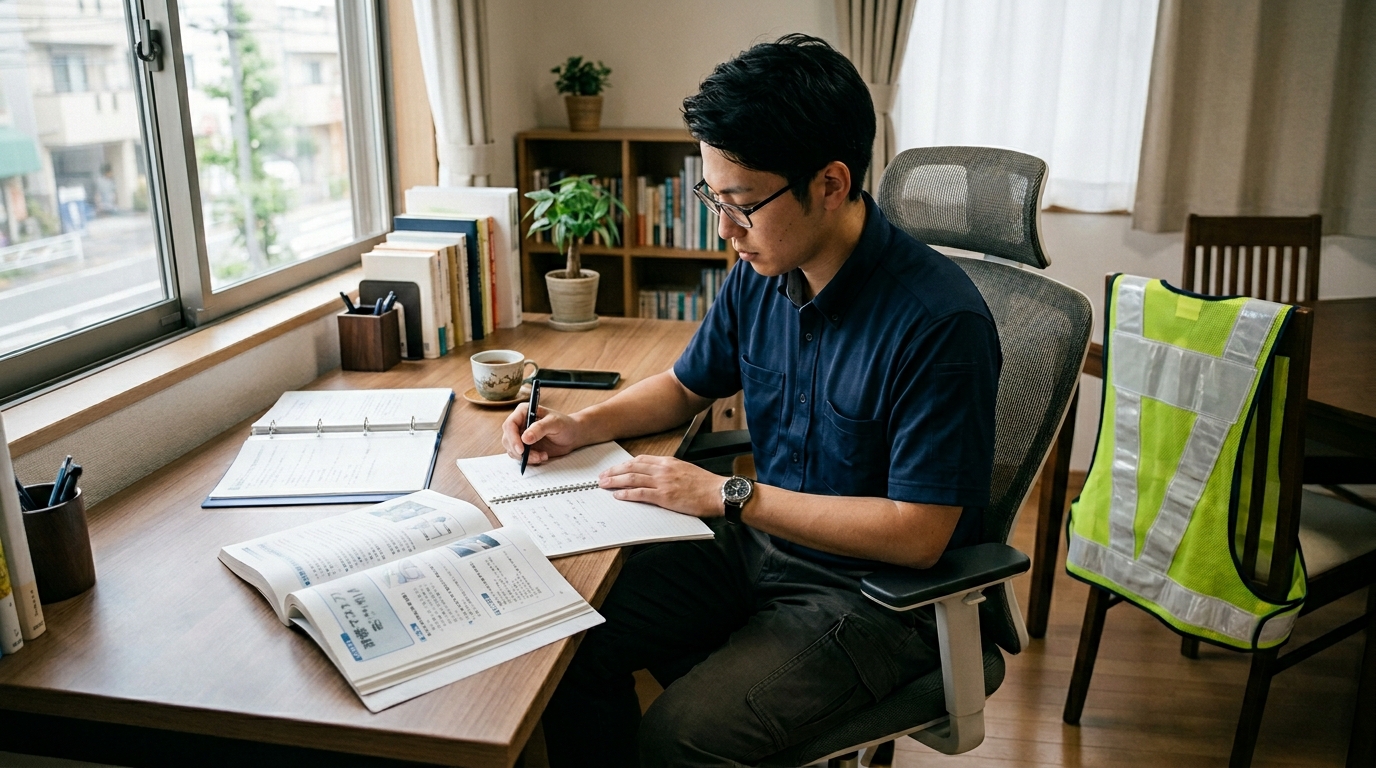 資格取得に向けて勉強する男性と教材のイメージ