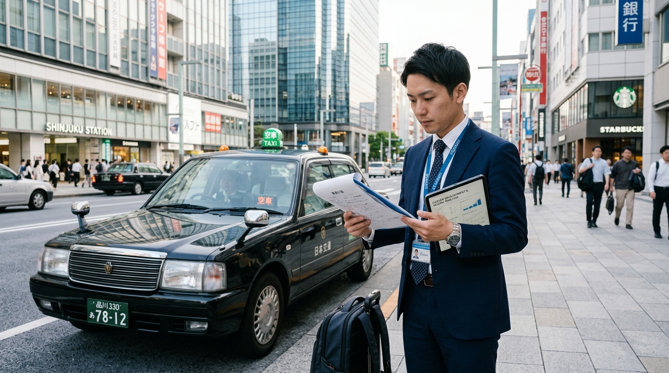 タクシーの前で無線を持つ警備兼務ドライバー