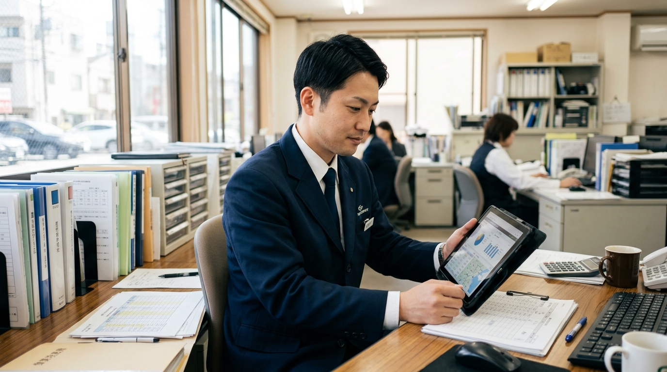 営業所のデスクでタブレットを確認するタクシードライバー