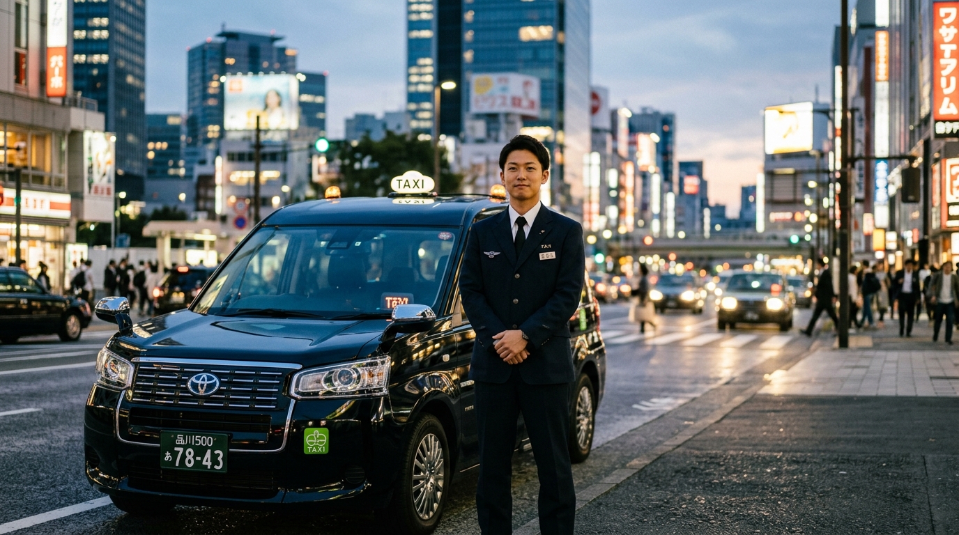 街中で前を向いて立つ帽子なしのタクシードライバー