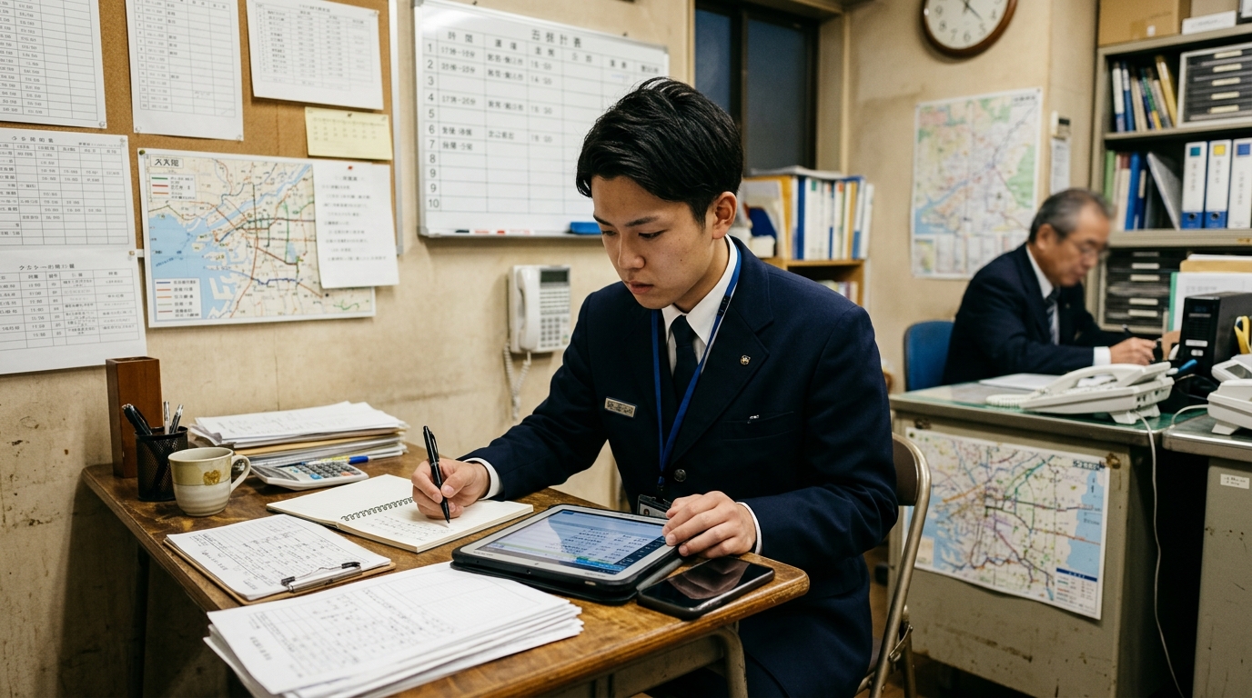 事務所でタブレットとメモを確認しながらスケジュール管理をする帽子なしのタクシードライバー