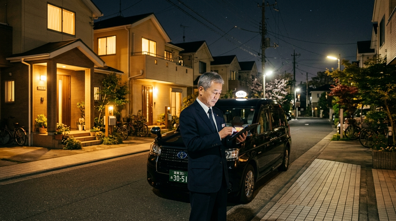 住宅街でホームセキュリティーの確認を行う帽子なしのタクシードライバー。つばめタクシーグループの警備兼務業務をイメージした写真。