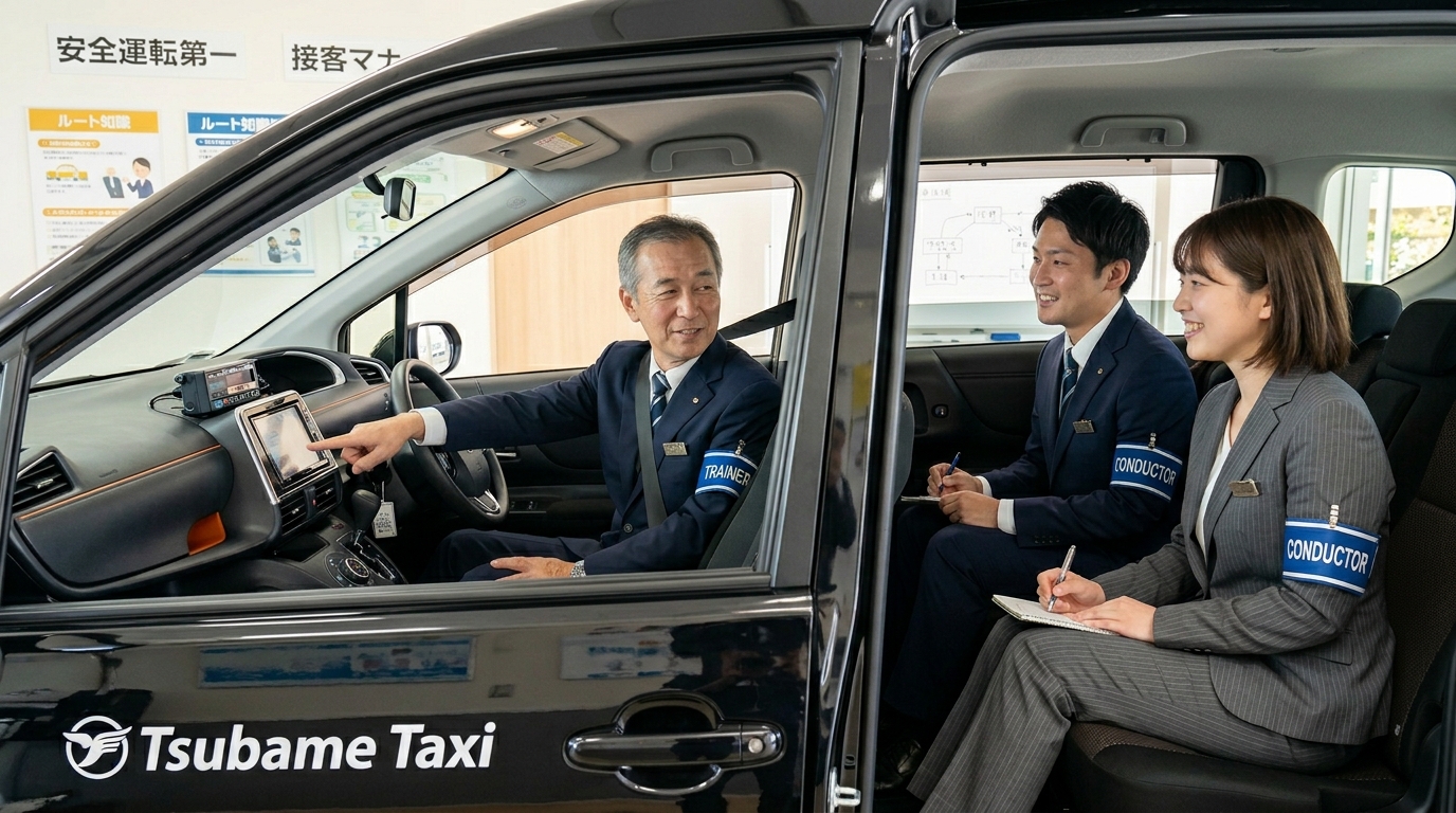 未経験でも安心。つばめタクシーのタクシーと警備を兼務する働き方を学ぶ、丁寧な研修制度の様子