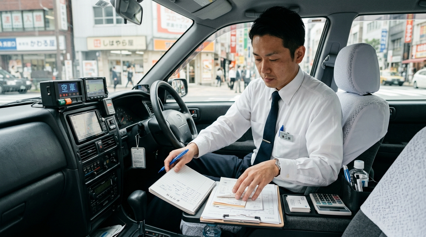 タクシー車内で仕事の準備や整理を行う男性ドライバーの様子。安定収入と年収アップにつながる働き方のイメージ